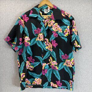 Hilo Hattie Black‎ Pink Floral Hawaiian Button Front Shirt Size XL Vintage Aloha